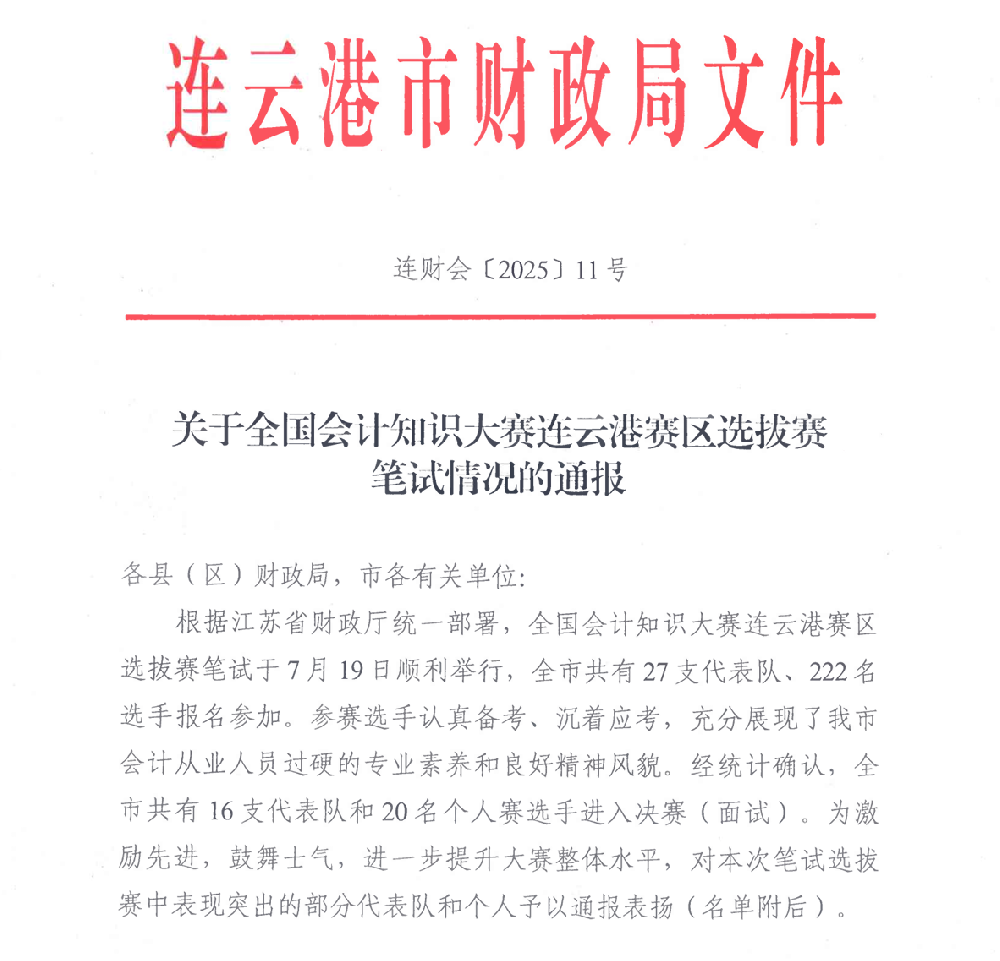 所长祝红路同志在全国会计知识大赛连云港赛区荣获笔试第5名